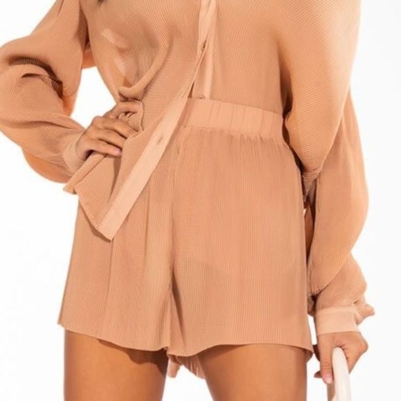 Callie Pleats Please: Sheer Tan Chiffon Accordion Pleated Lounge Shorts  M XL - Picture 8 of 10